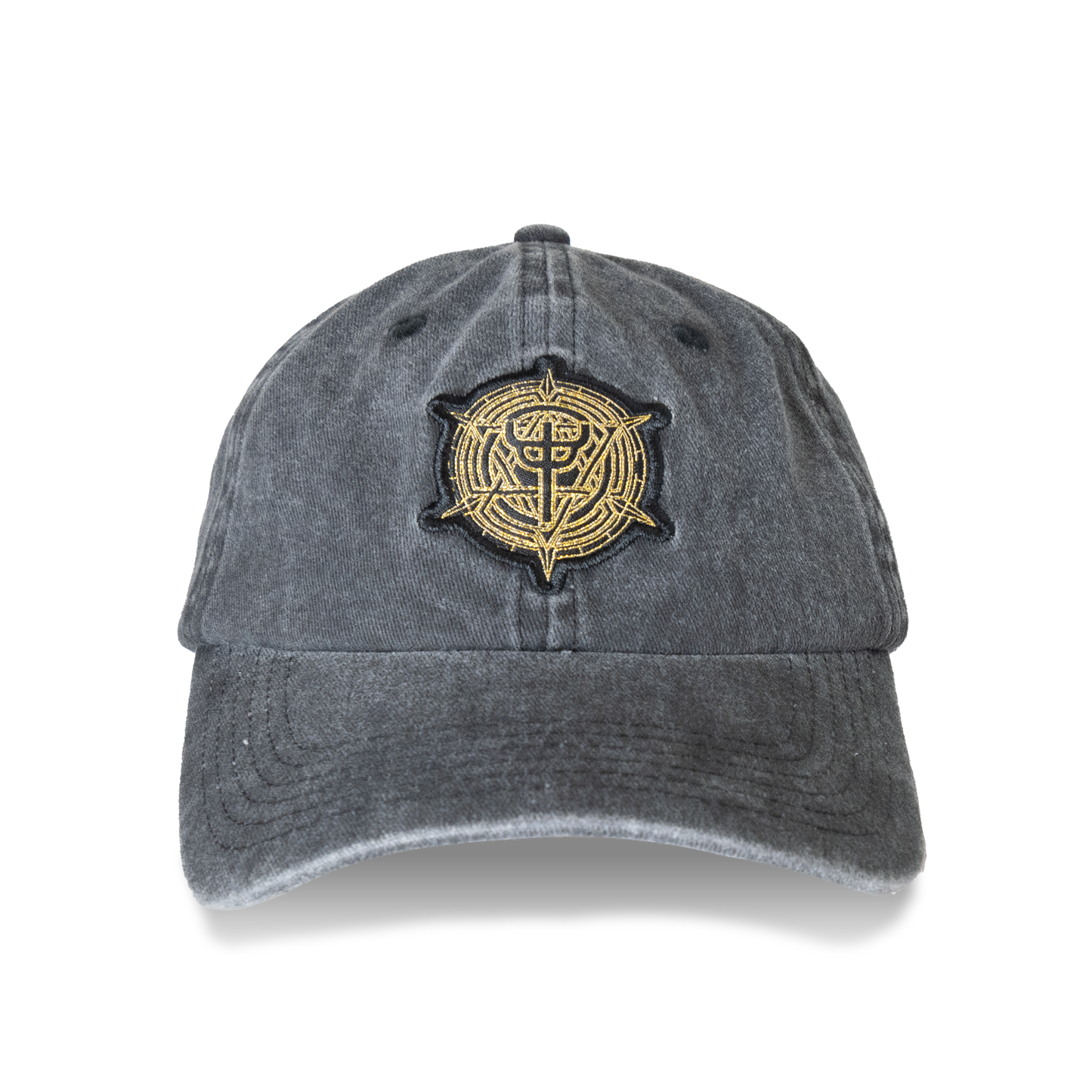 A vintage black ball cap with gold Judas Priest logo and artwork on the front.