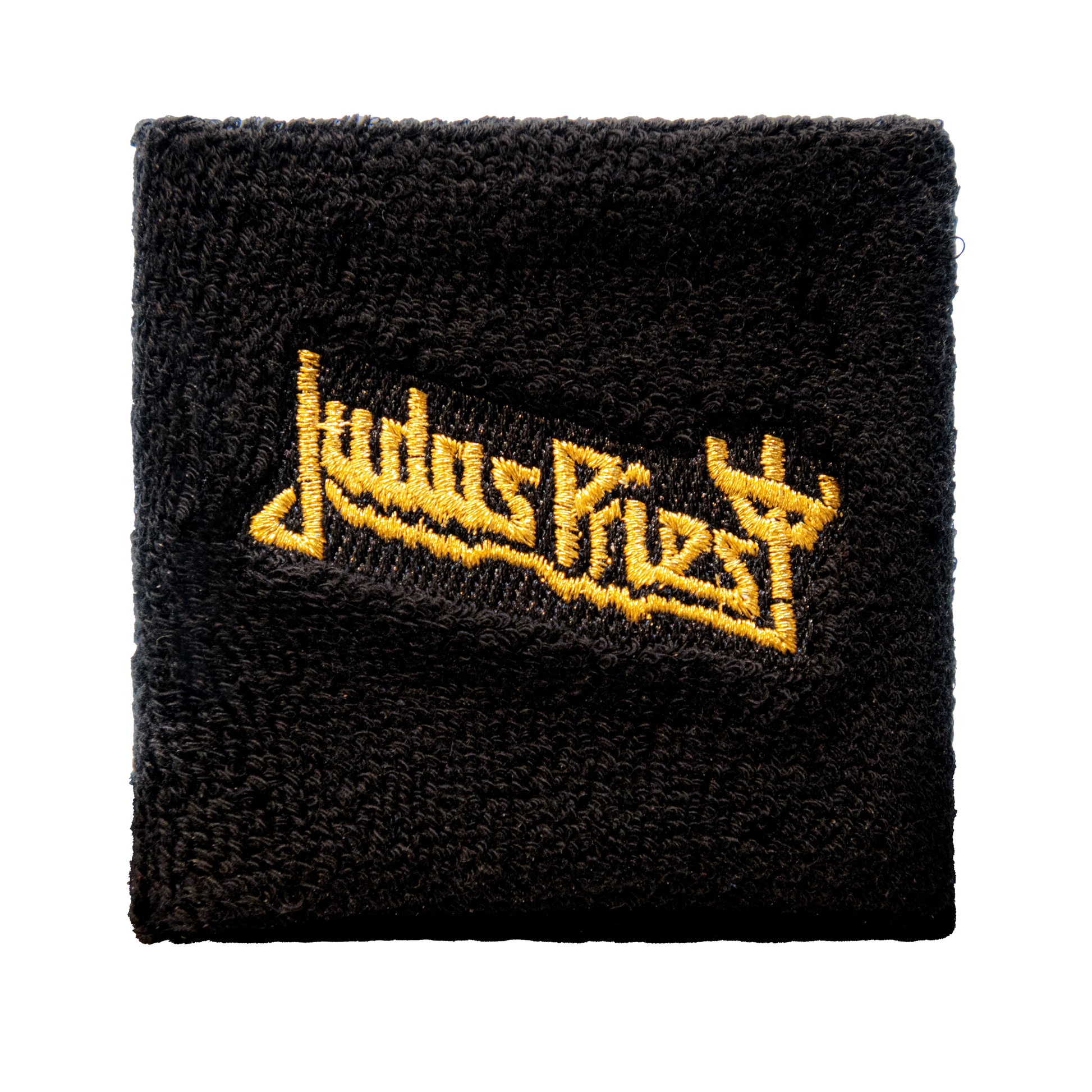A black wristband with gold Judas Priest logo.