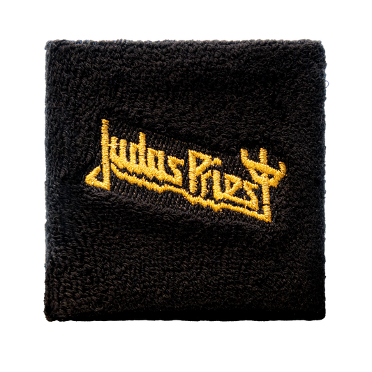A black wristband with gold Judas Priest logo.