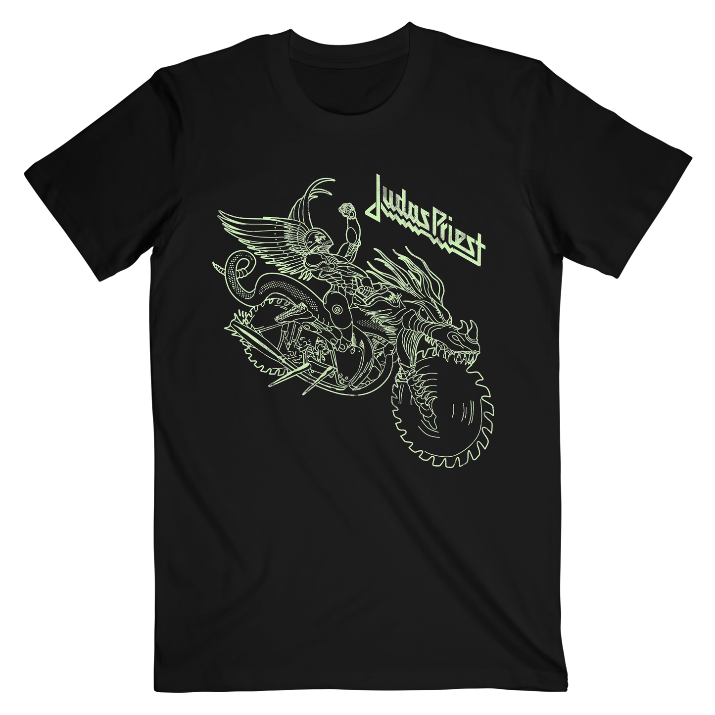 A classic black cotton tee with Painkiller album artwork on the front in glow in the dark ink.