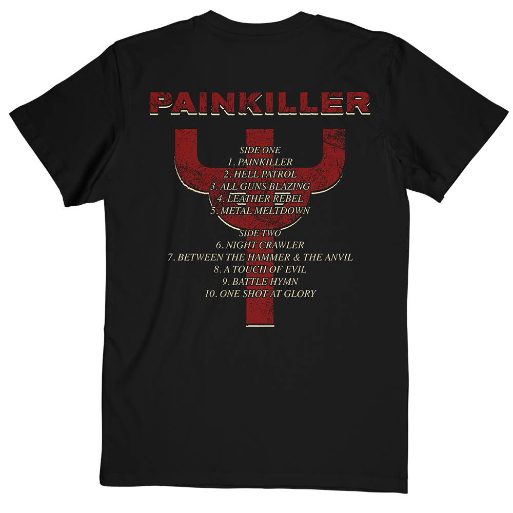 A classic black cotton tee from Judas Priest, with artwork inspired by the original Painkiller album on the front and the album track list on the back.