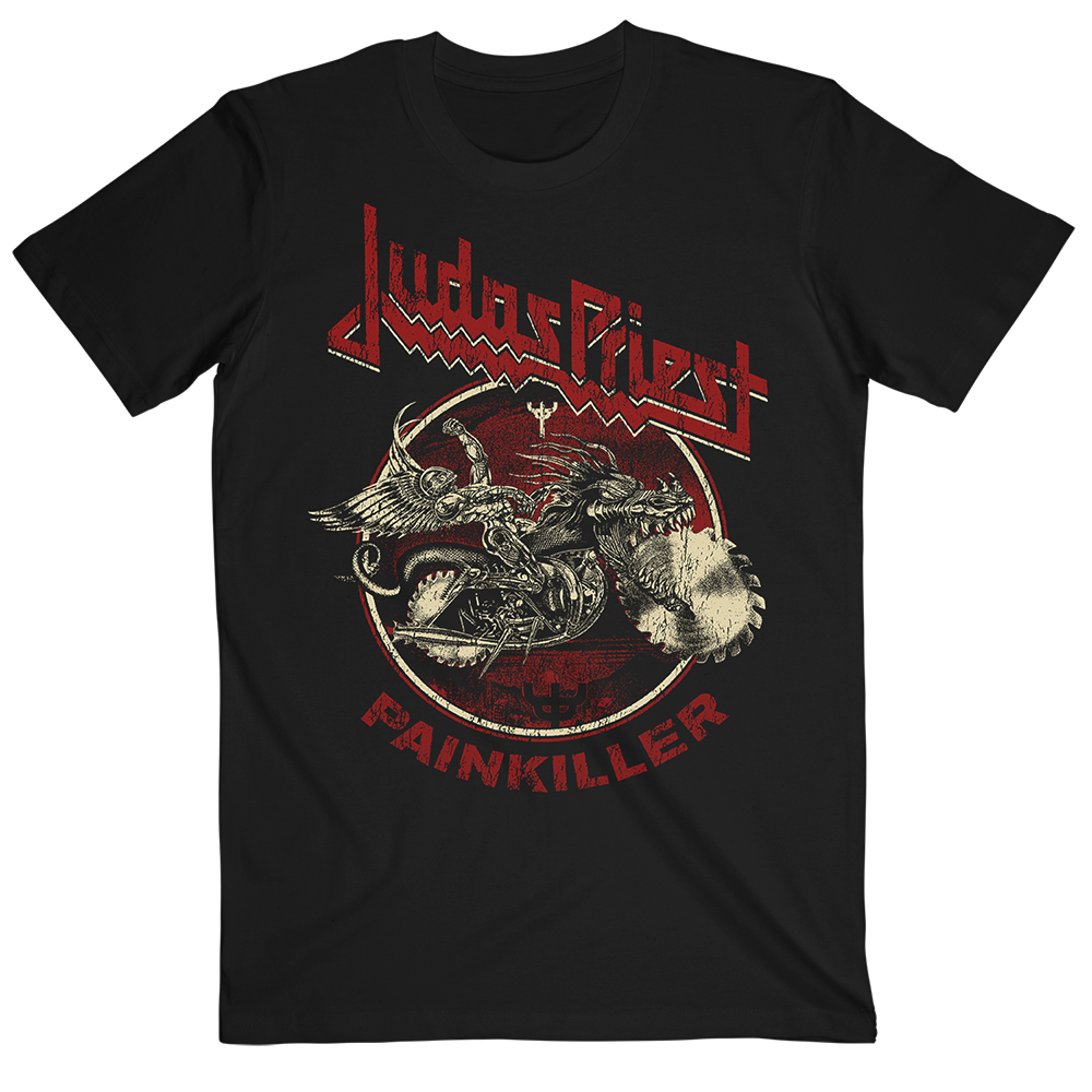 A classic black cotton tee from Judas Priest, with artwork inspired by the original Painkiller album on the front and the album track list on the back.