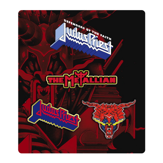 Official Judas Priest merchandise. A set of three enamel Judas Priest pins.