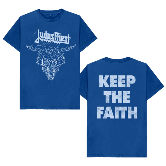 Official Judas Priest merchandise. A classic blue cotton short sleeve tee with Judas Priest logo and artwork, and Keep The Faith on the back of the tee shirt.