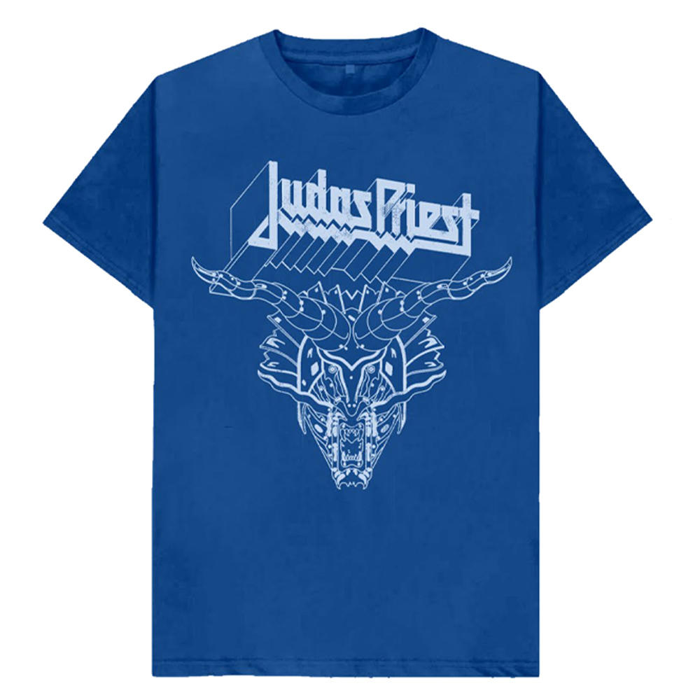 Official Judas Priest merchandise. A classic blue cotton short sleeve tee with Judas Priest logo and artwork, and Keep The Faith on the back of the tee shirt.