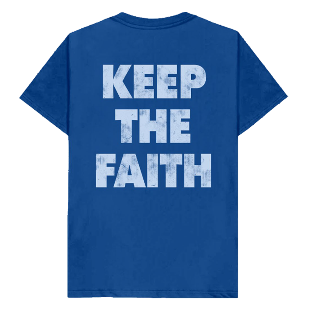 Official Judas Priest merchandise. A classic blue cotton short sleeve tee with Judas Priest logo and artwork, and Keep The Faith on the back of the tee shirt.