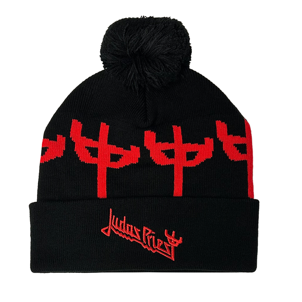 A red and black two tone knit beanie with pom from Judas Priest