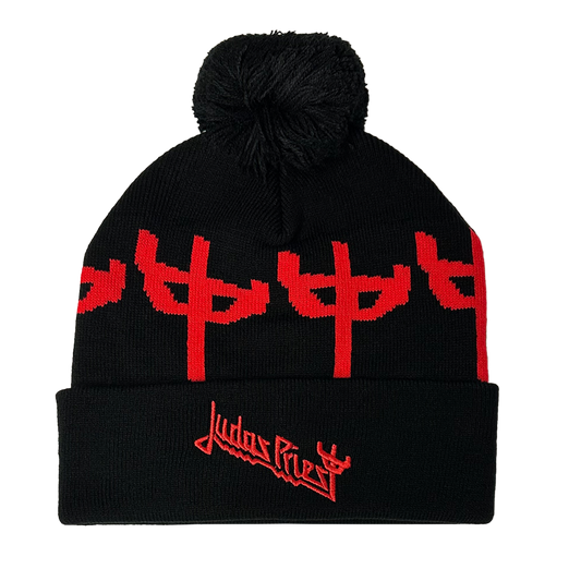 A red and black two tone knit beanie with pom from Judas Priest