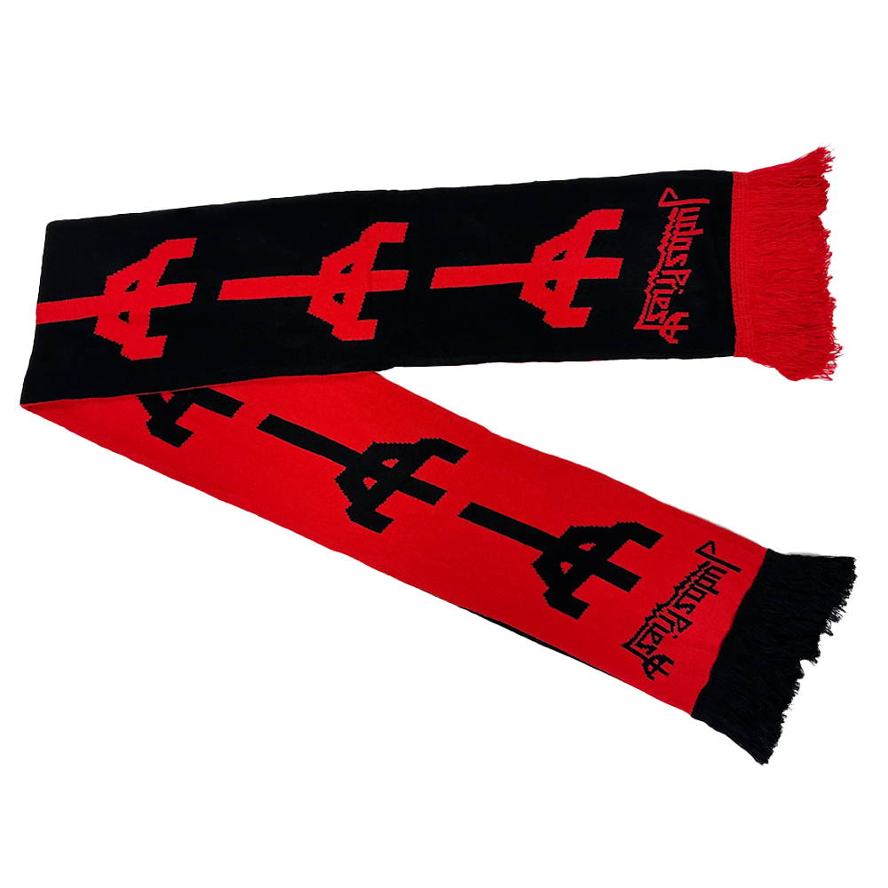 A red and black two tone knit scarf from Judas Priest