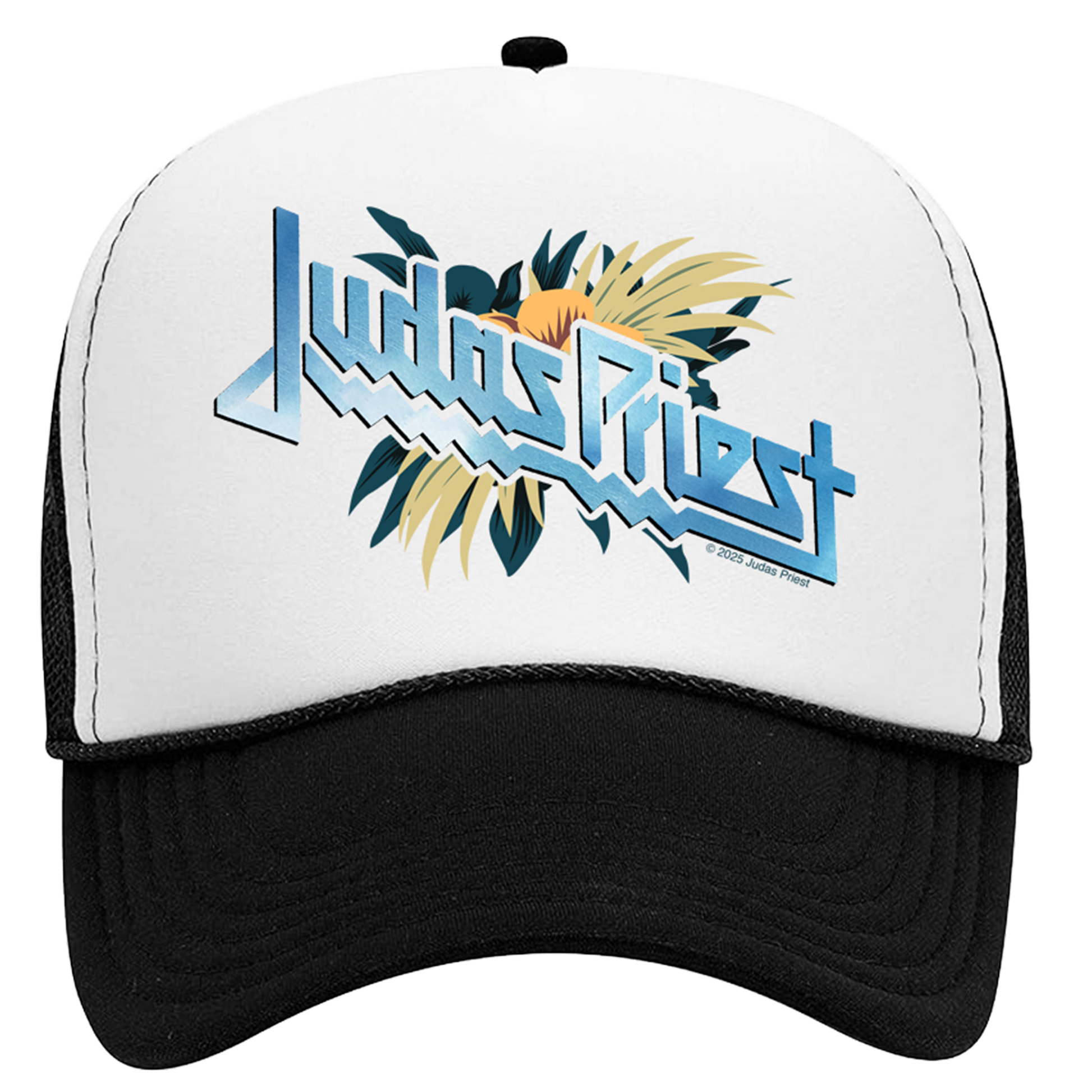 A classic black and white trucker hat with custom Judas Priest artwork on the front.