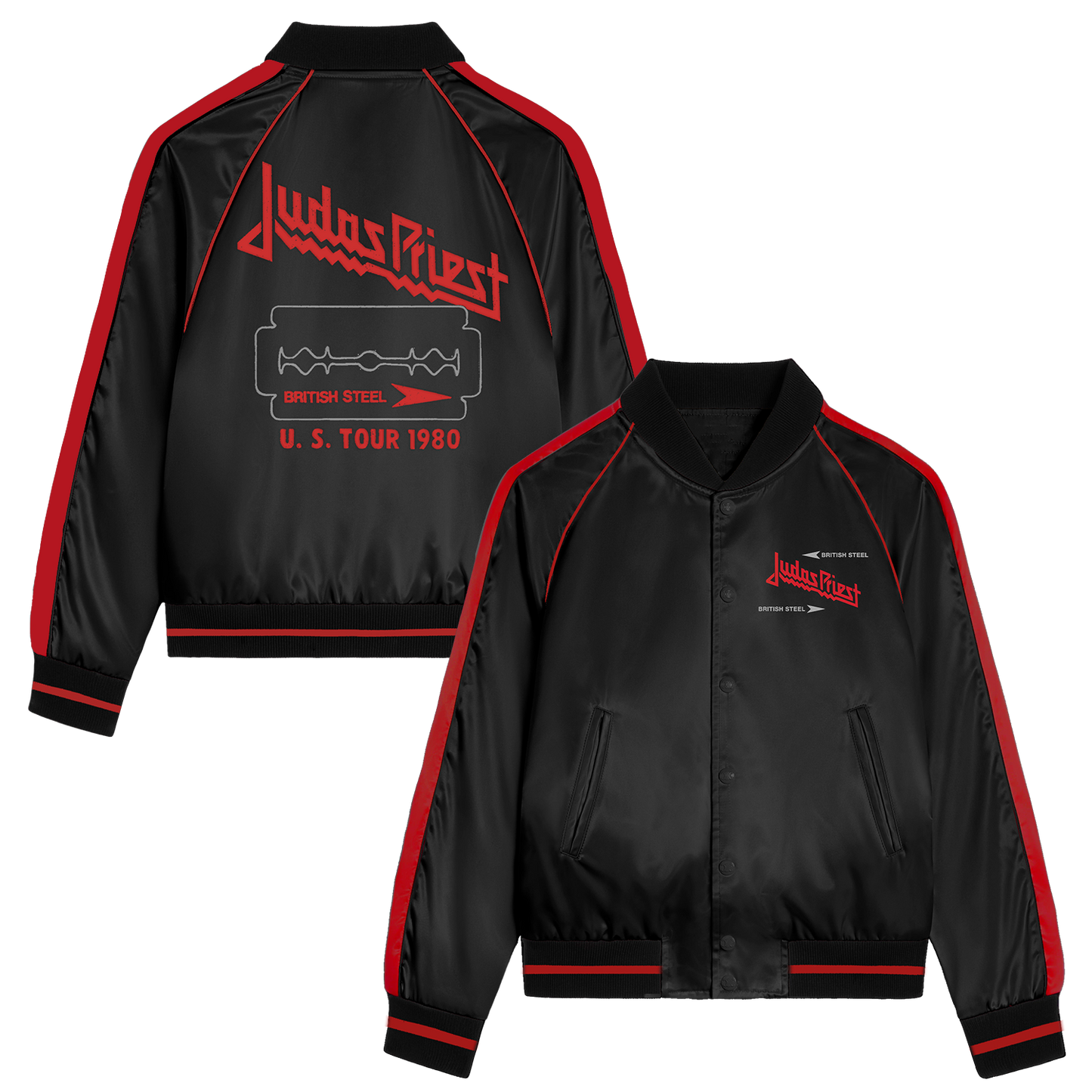 Judas Priest black and red bomber jacket featuring artwork inspired by the 1980 tour and British Steel imagery printed on the back. The jacket also includes red stripes running from the shoulders down the sleeves, along with a red stripe on each cuff.