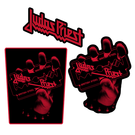 The Judas Priest patch set contains 3 embroidered patches with British Steel graphics. This set includes the signature Judas Priest logo and the legendary hand gripping the razor blade.
