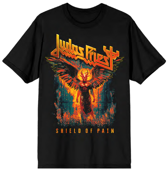 Black t-shirt with 'Judas Priest' logo and fiery design on a white background