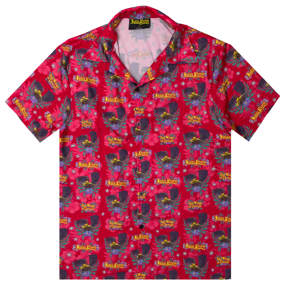 A red Hawaiian print shirt in the style of the Sad Wings of Destiny album, from Judas Priest. With short sleeves, a camp collar neckline, and a button front.