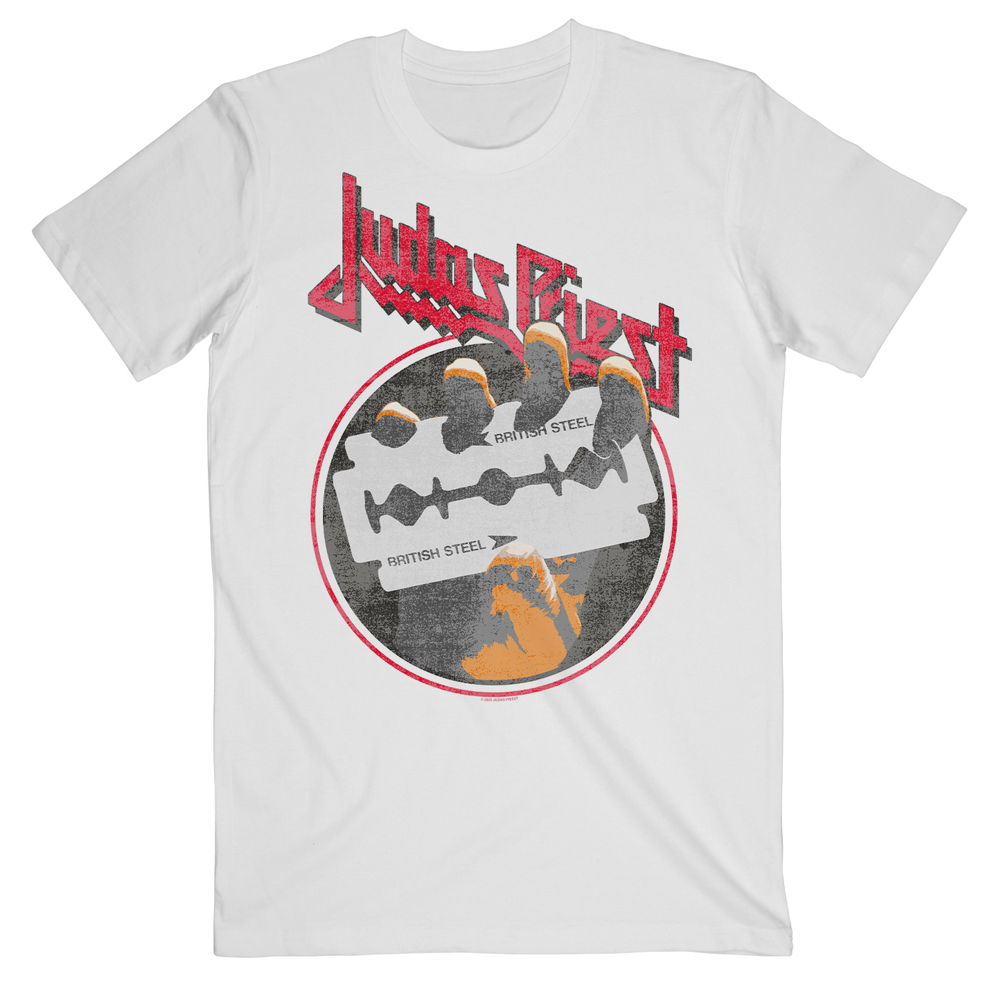 The Judas Priest Track List White T Shirt features a red Judas Priest logo and British Steel Album artwork printed on the front.