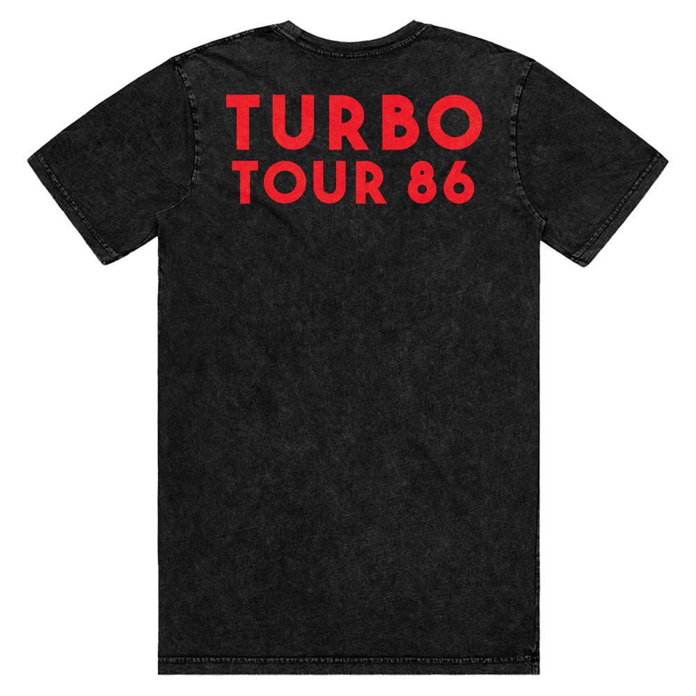 A classic washed black cotton tee with the original Turbo album artwork on the front and Turbo Tour 86 on the back, from Judas Priest.