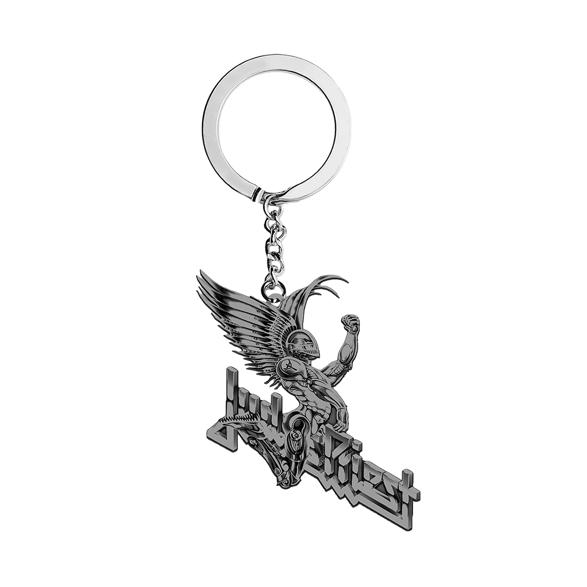 A metal keychain featuring the Painkiller from the Judas Priest album cover Painkiller.