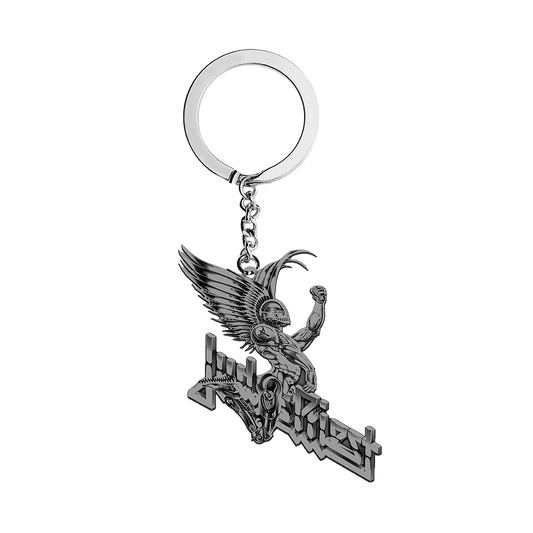 A metal keychain featuring the Painkiller from the Judas Priest album cover Painkiller.