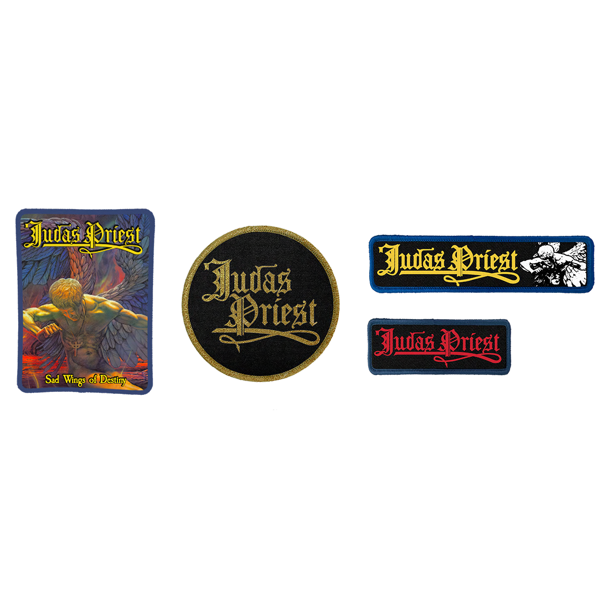 A set of four Judas Priest patches with artwork from the Sad Wings of Destiny album.