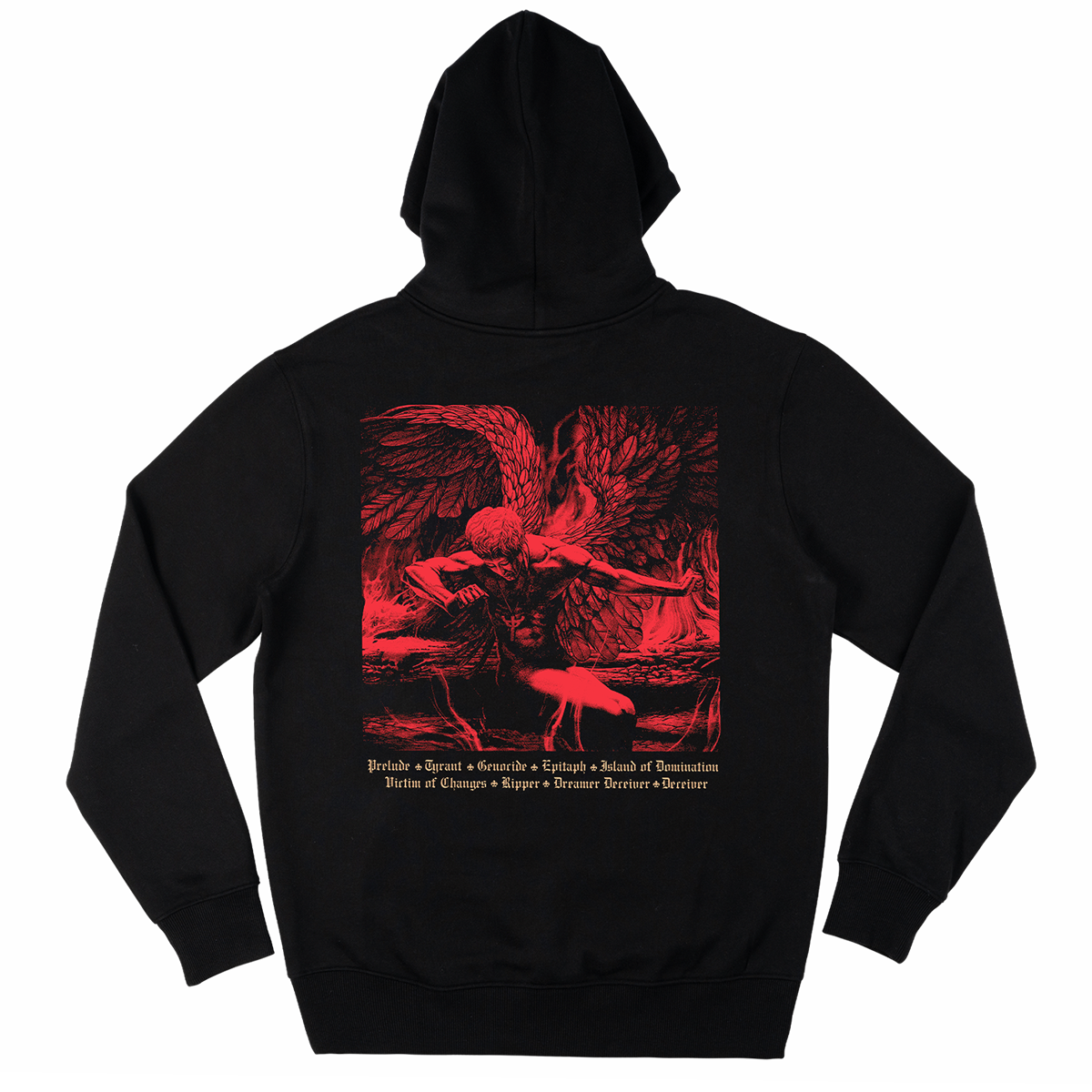 A classic black pullover hoodie from Judas Priest, featuring artwork from the original Sad Wings of Destiny album on the back and the Judas Priest logo on the front.