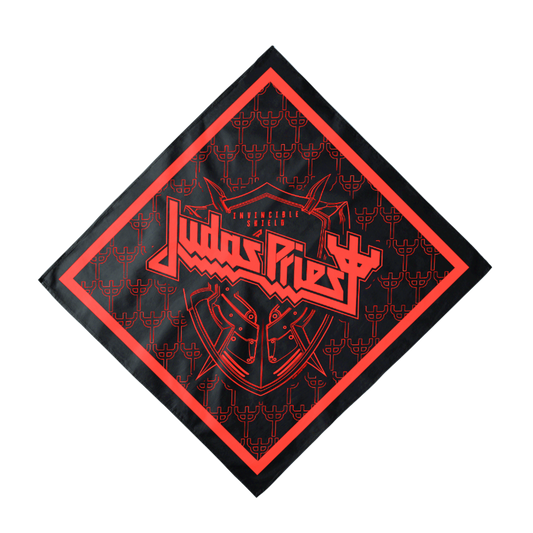 The Invincible Shield Bandana features a bold black and red design inspired by the Judas Priest new album.