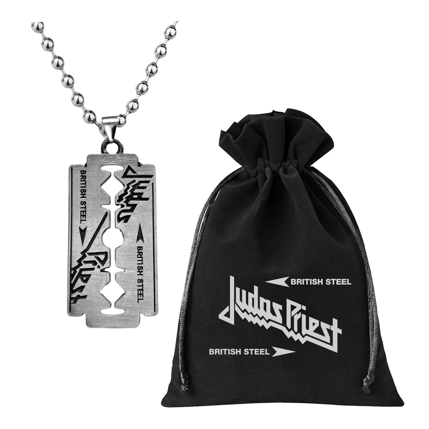 The Judas Priest British Steel Pendant features engraved Judas Priest logos and arrows in it to celebrate the legacy of the 1980 British Steel Album. Each one comes in a small British Steel bag.