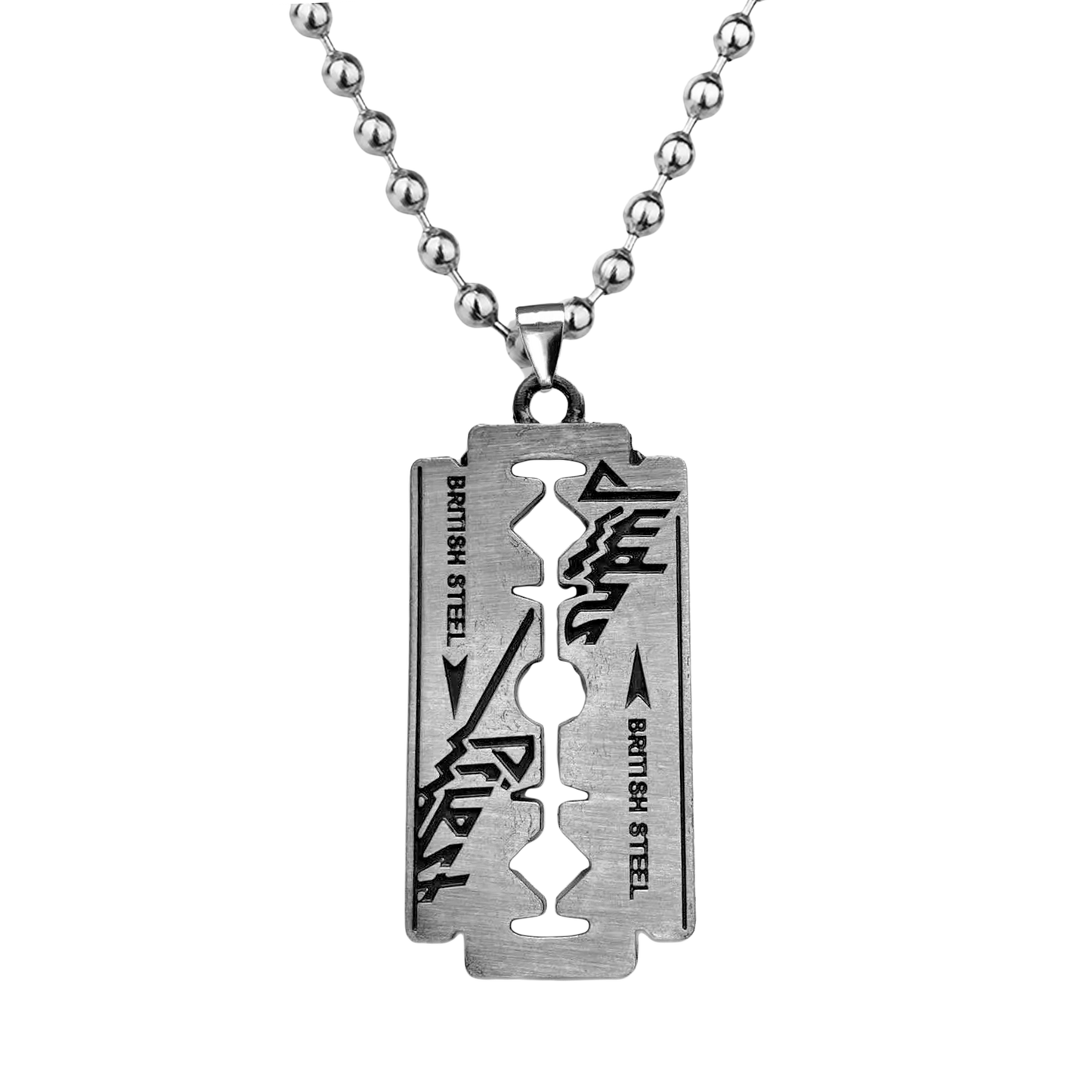 Judas Priest Razor blade pendant necklace featuring engraved artwork from British Steel.