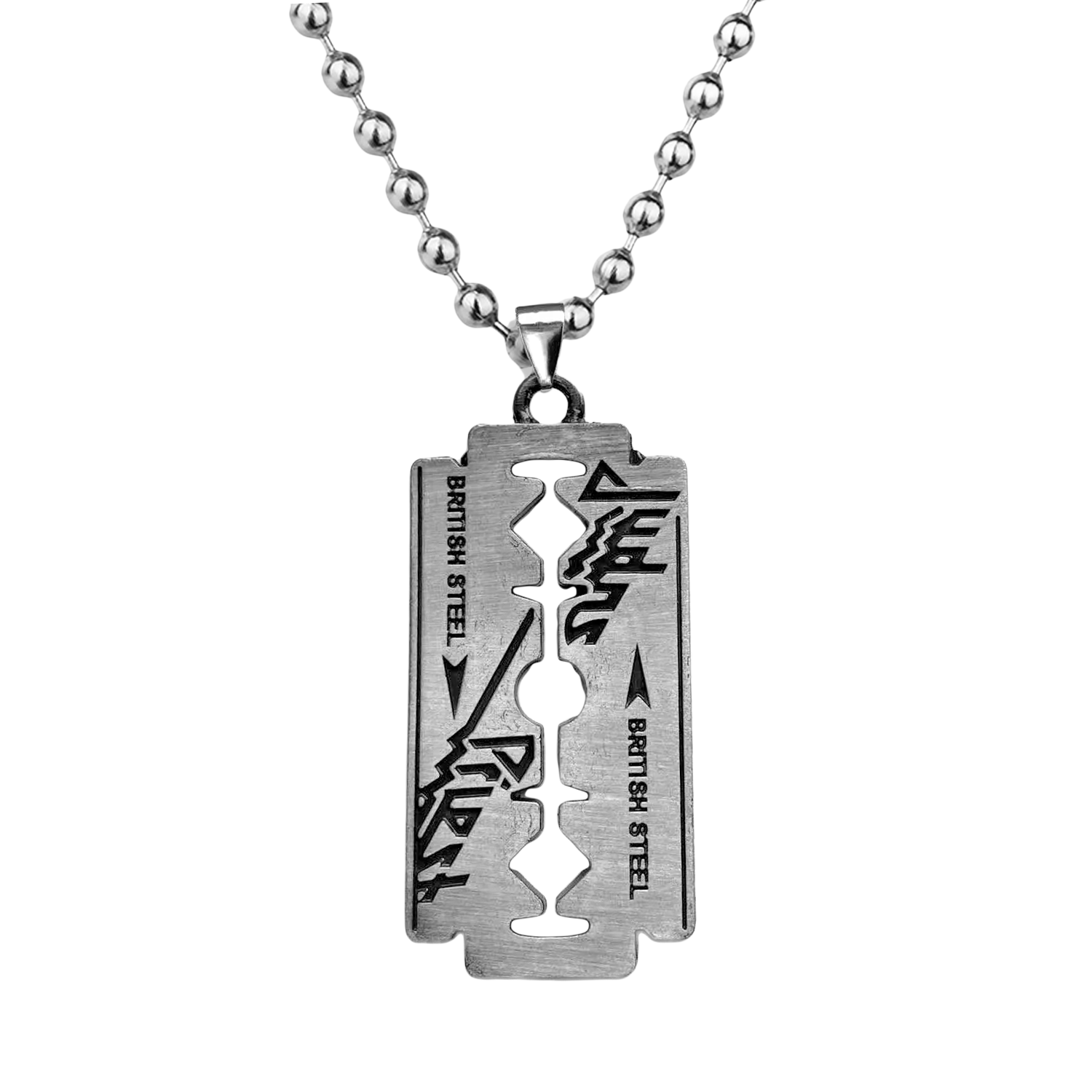 Judas Priest Razor blade pendant necklace featuring engraved artwork from British Steel.