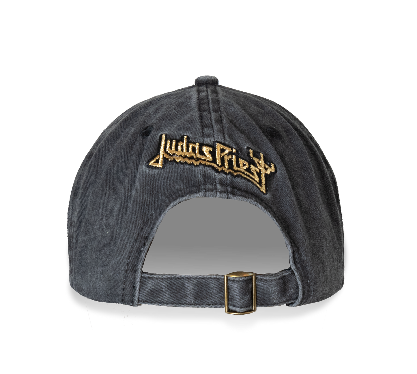 A vintage black ball cap with gold Judas Priest logo and artwork on the front. 