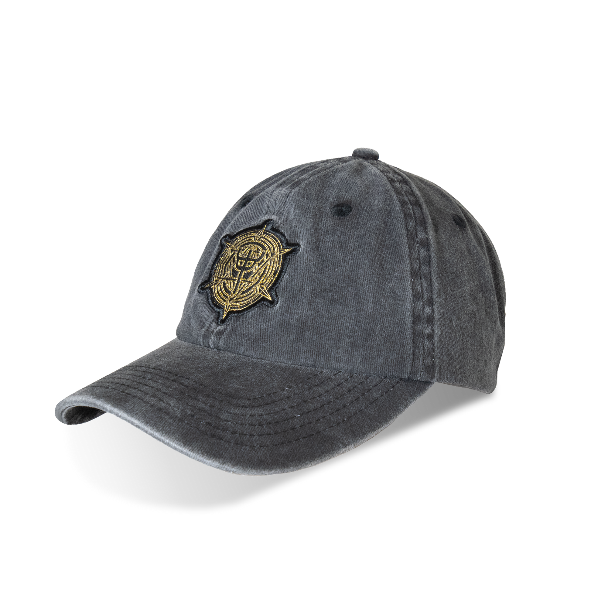 A vintage black ball cap with gold Judas Priest logo and artwork on the front. 