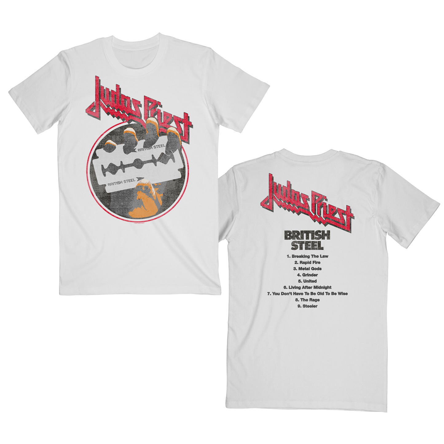 The Judas Priest Track List White T Shirt features a red Judas Priest logo and British Steel Album artwork printed on the front, along with the red Judas Priest logo printed on the back, with the British Steel album name and track list underneath it.
