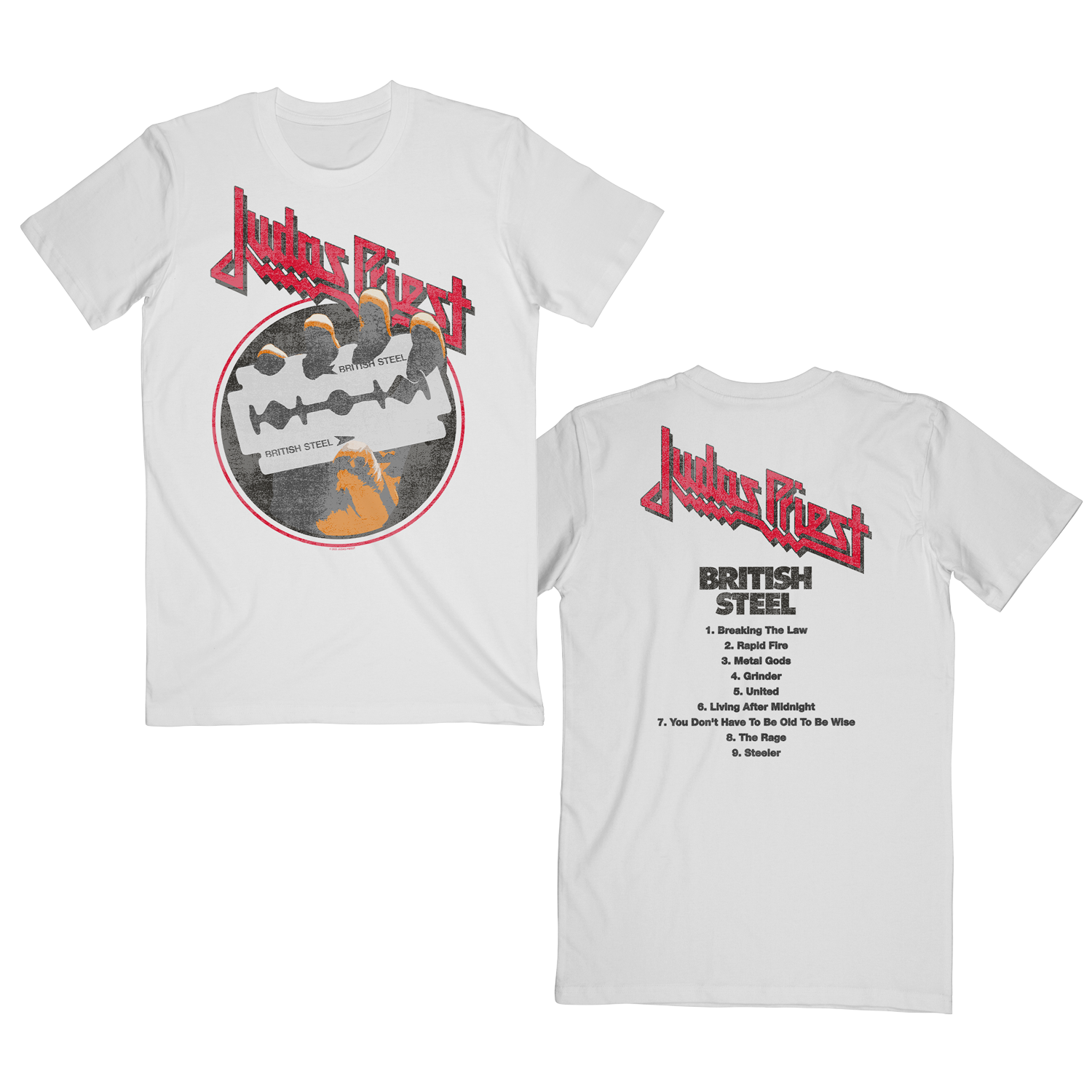 The Judas Priest Track List White T Shirt features a red Judas Priest logo and British Steel Album artwork printed on the front, along with the red Judas Priest logo printed on the back, with the British Steel album name and track list underneath it.