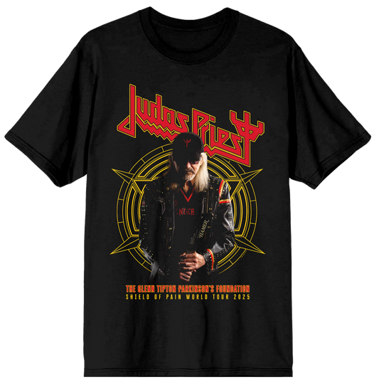 Black t-shirt with Judas Priest graphic design featuring a musician and band name.