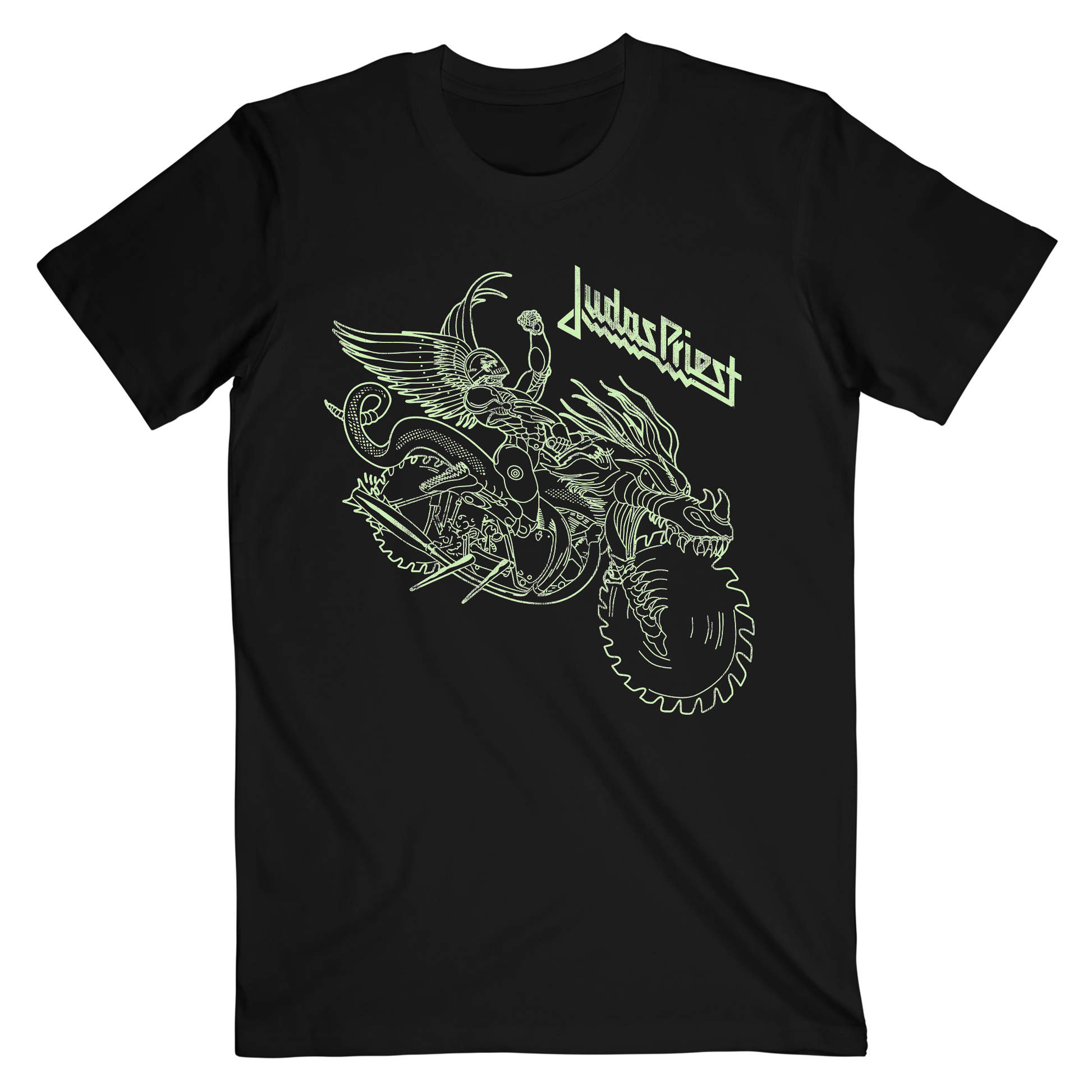 A classic black cotton tee with Painkiller album artwork on the front in glow in the dark ink.