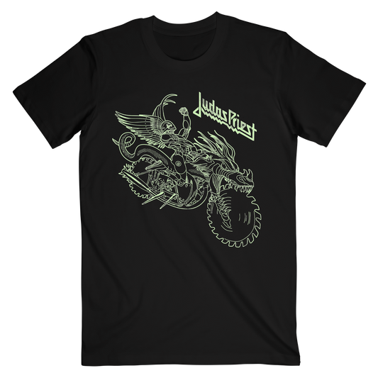 A classic black cotton tee with Painkiller album artwork on the front in glow in the dark ink.