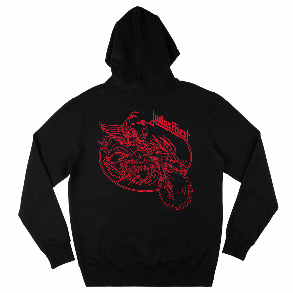 A classic fit black zip up hoodie with red artwork inspired by the Painkiller album on the back and the Judas Priest logo on the front.