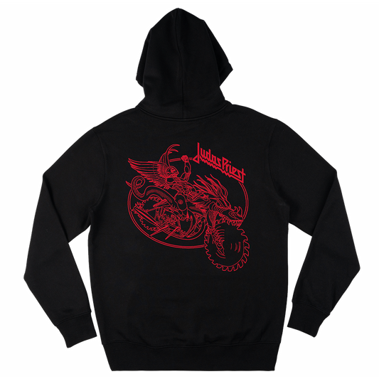 A classic fit black zip up hoodie with red artwork inspired by the Painkiller album on the back and the Judas Priest logo on the front.