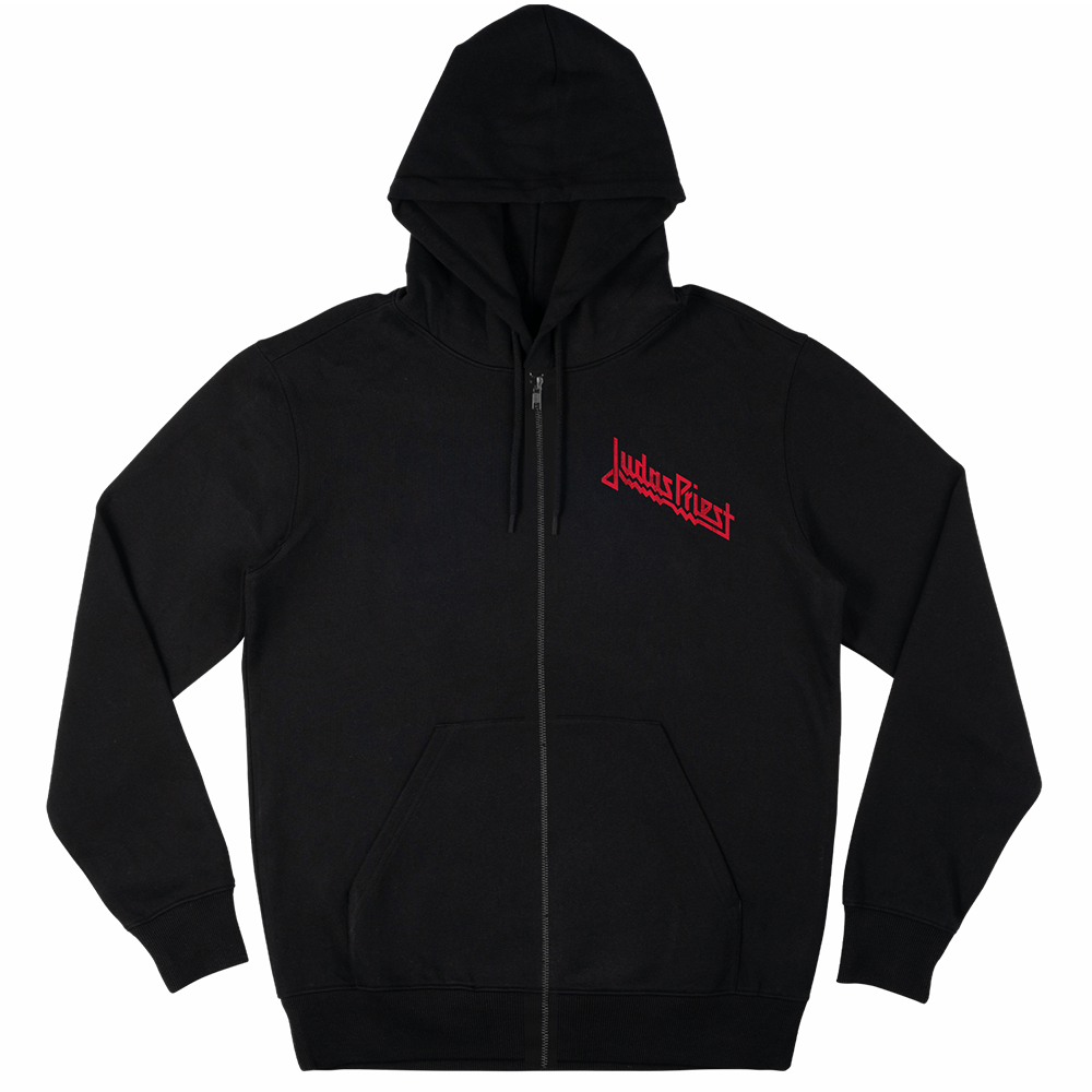 A classic fit black zip up hoodie with red artwork inspired by the Painkiller album on the back and the Judas Priest logo on the front.
