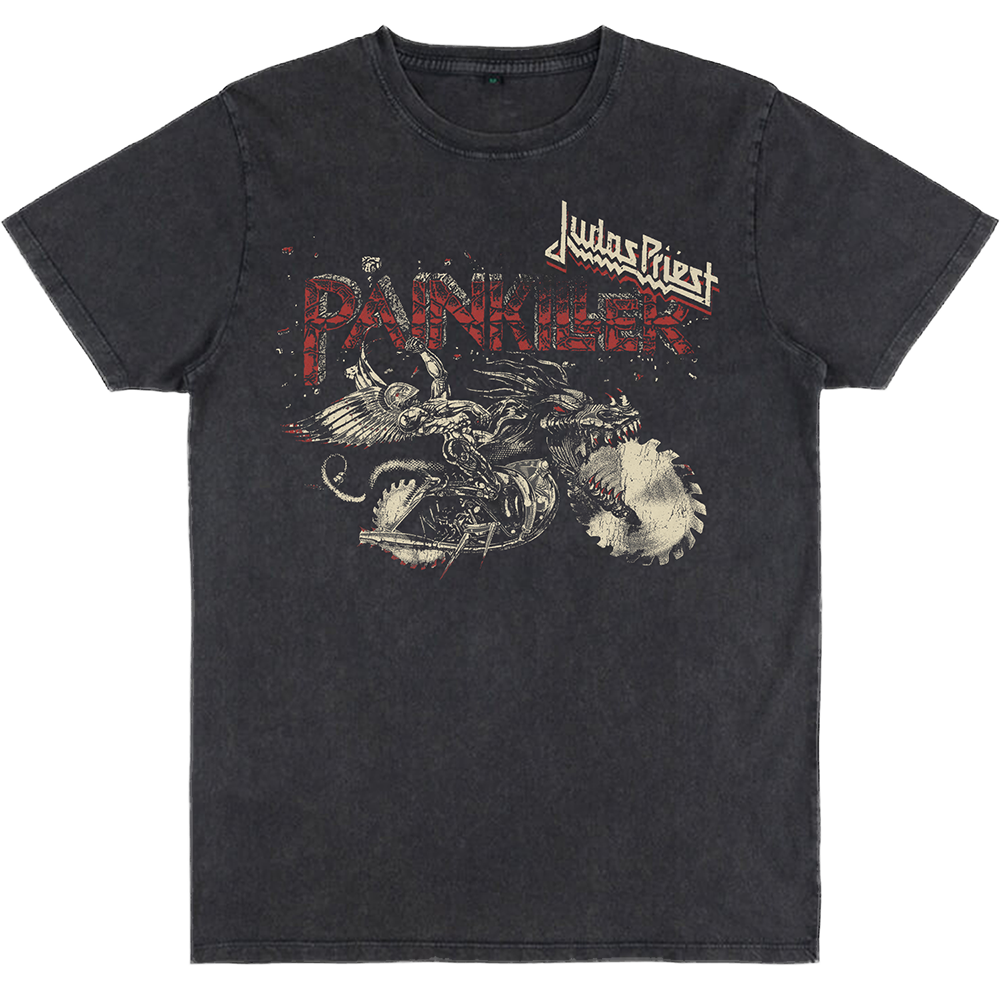 A black vintage wash tee with artwork inspired by the Painkiller album from Judas Priest.