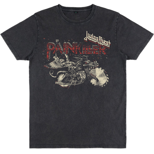 A black vintage wash tee with artwork inspired by the Painkiller album from Judas Priest.