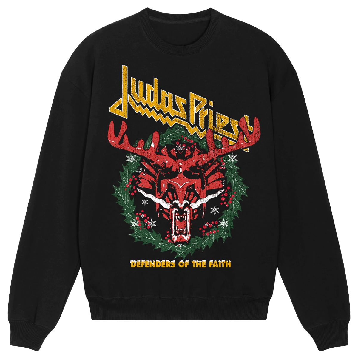 A soft black pullover sweatshirt with custom holiday themed artwork across the front, from Judas Priest.