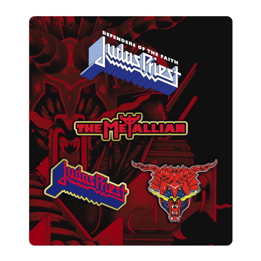Official Judas Priest merchandise. A set of three enamel Judas Priest pins.