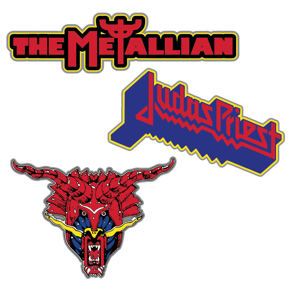 Official Judas Priest merchandise. A set of three enamel Judas Priest pins.