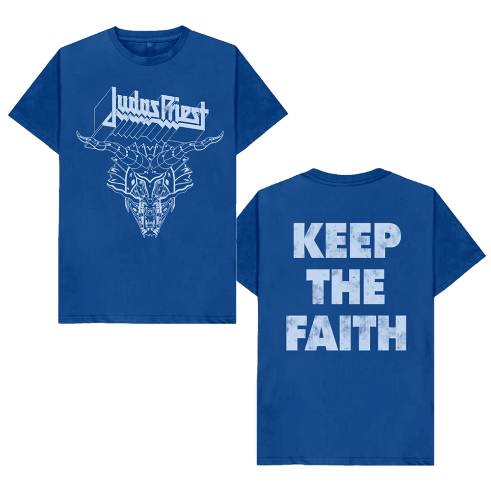 Official Judas Priest merchandise. A classic blue cotton short sleeve tee with Judas Priest logo and artwork, and Keep The Faith on the back of the tee shirt. 