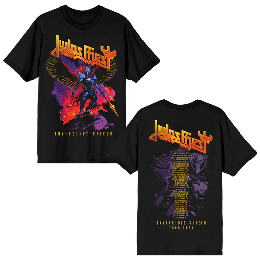 A black cotton short sleeve tee with Judas Priest logo, artwork, and tour dates on the back.
