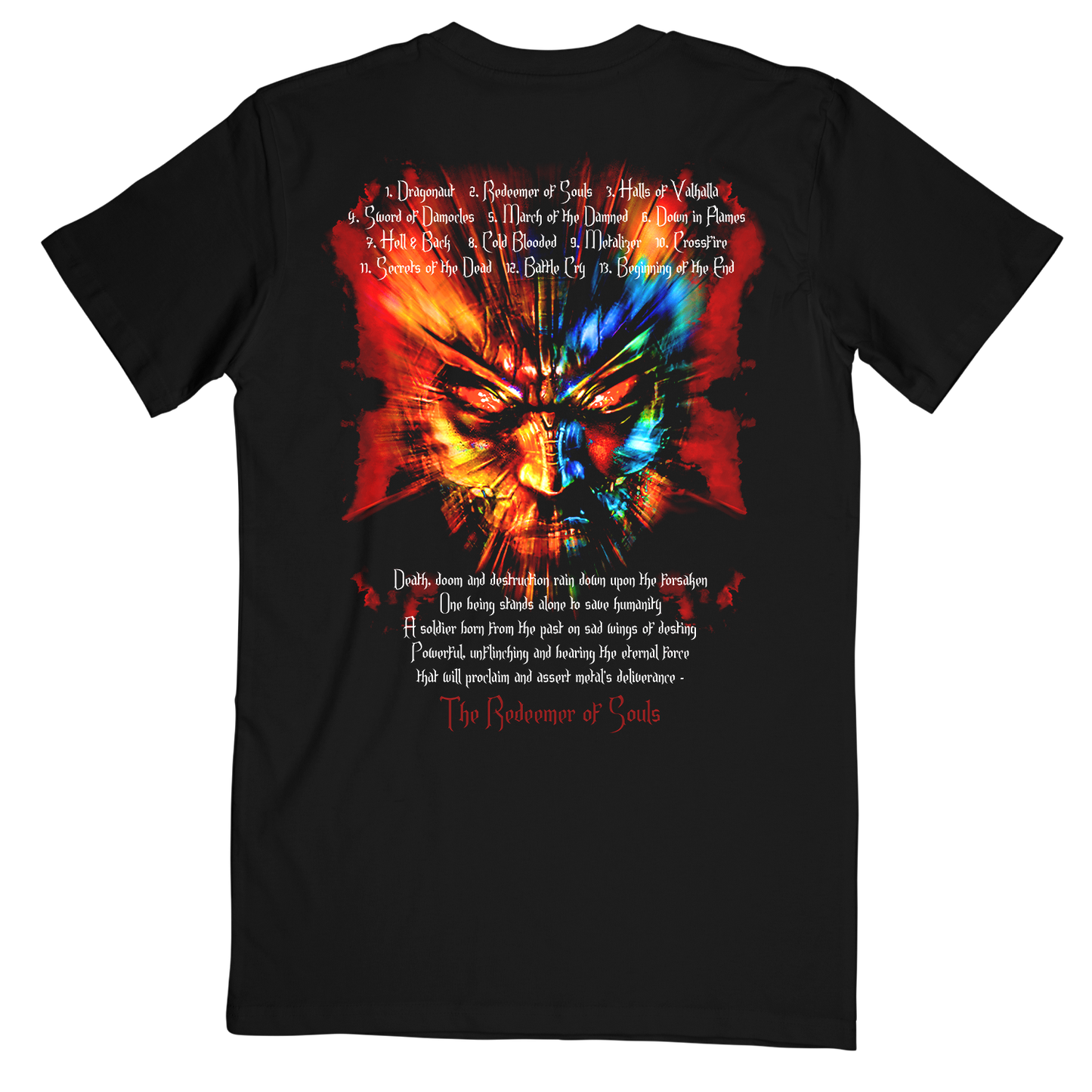 Black cotton tee shirt with Redeemer of Souls artwork from Judas Priest. 