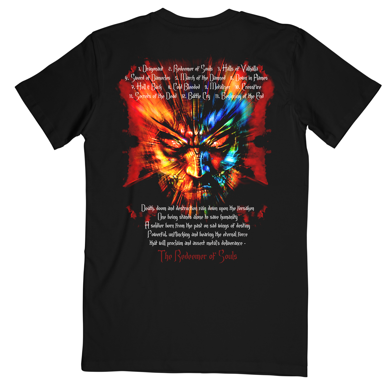 Black cotton tee shirt with Redeemer of Souls artwork from Judas Priest. 