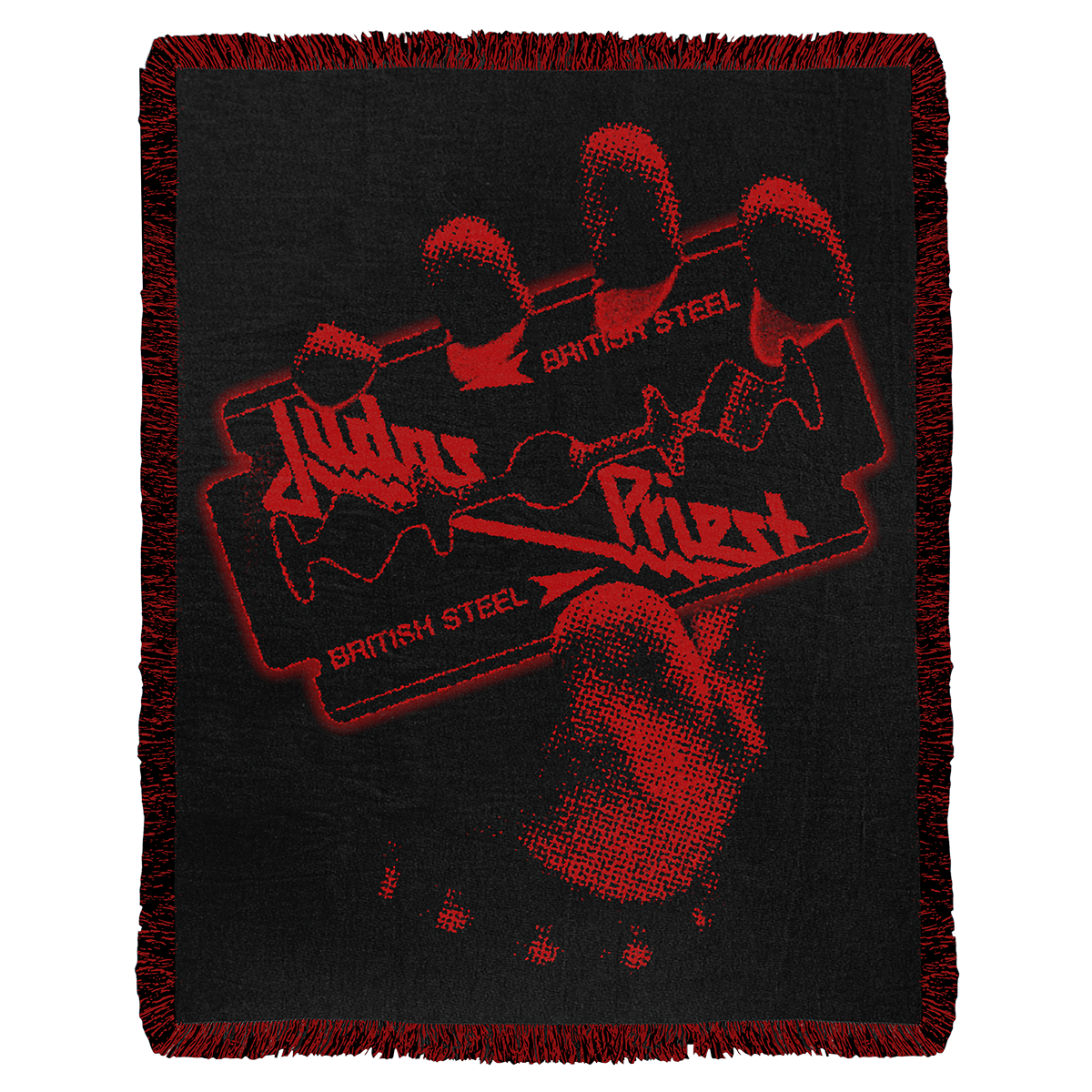 A red and black tapestry blanket with British Steel artwork, from Judas Priest.