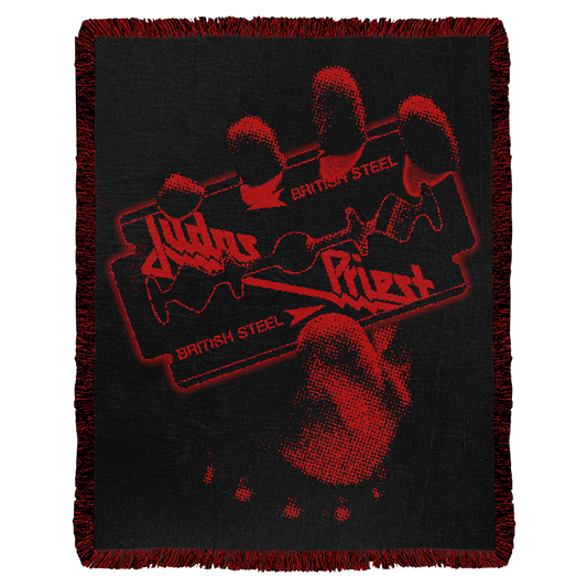 A red and black tapestry blanket with British Steel artwork, from Judas Priest.