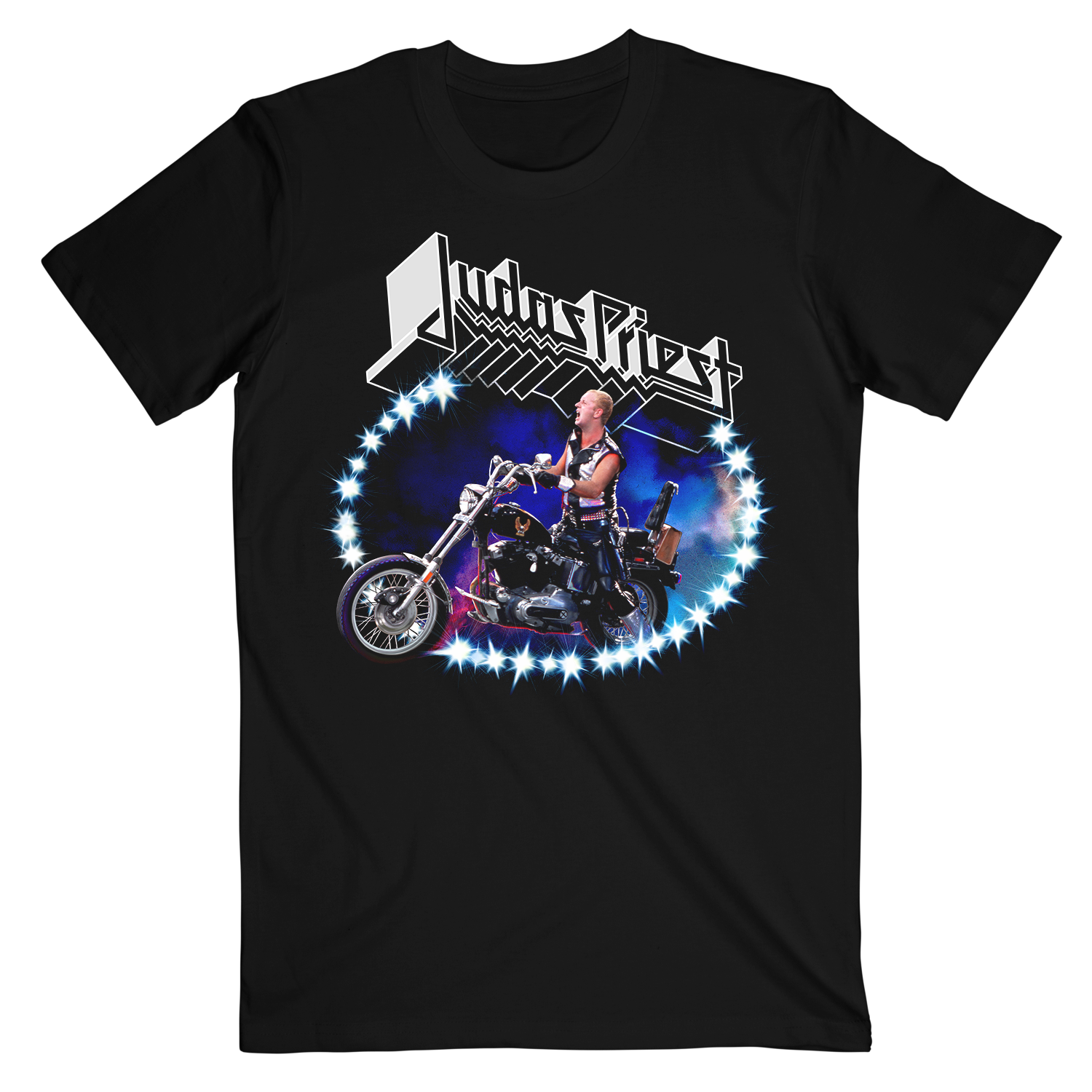 A black short-sleeve graphic t-shirt featuring the band Judas Priest's logo above an illustration of a man on a motorcycle surrounded by a blue starburst circle.